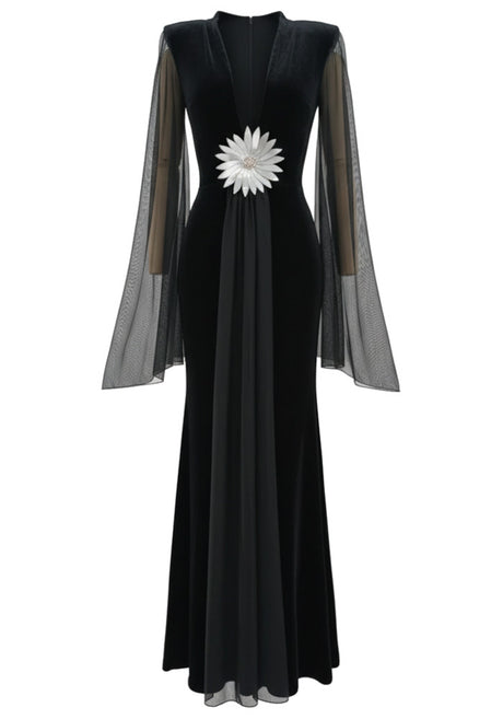 Mesh Sleeves Floral Maxi Velvet Dress Black