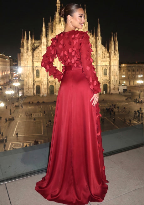 Long Sleeve Floral Embellished A Line Maxi Dress Red