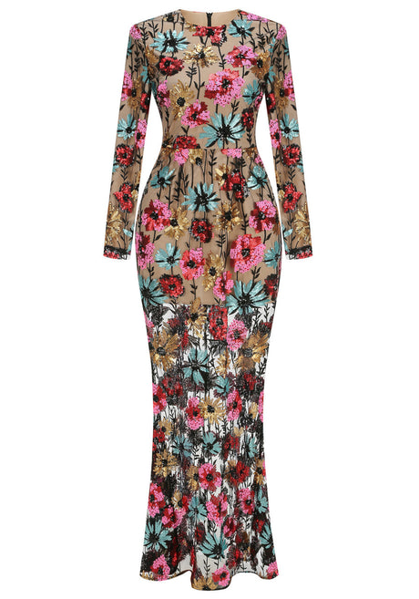 Long Sleeve Floral Embroidered Maxi Dress Black