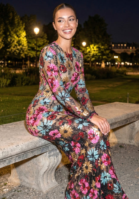 Long Sleeve Floral Embroidered Maxi Dress Black