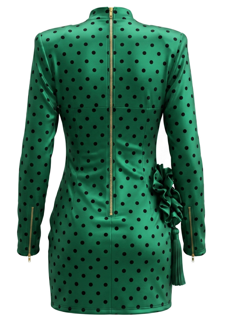 Long Sleeve Floral Polka Dot Dress Green