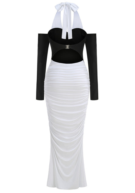 Halter Long Sleeve Draped Maxi Dress Black White