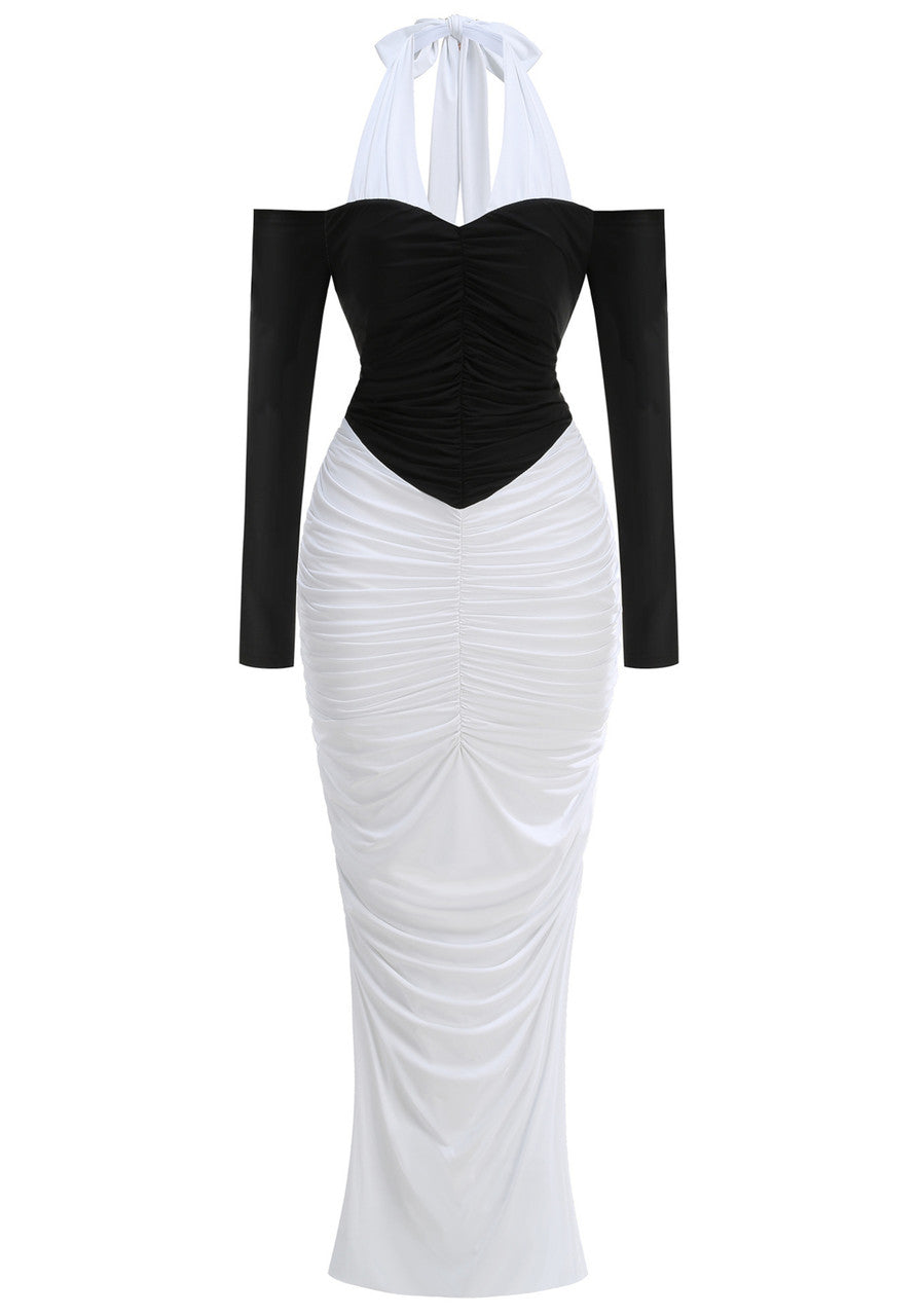 Halter Long Sleeve Draped Maxi Dress Black White
