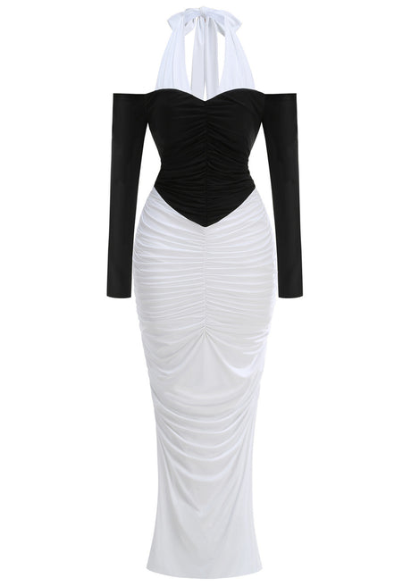Halter Long Sleeve Draped Maxi Dress Black White
