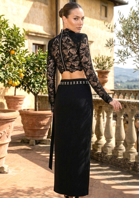 Long Sleeve Lace Midi Two Piece Dress Black
