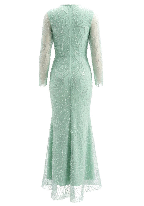 Long Sleeve Pearl Sequin Maxi Dress Green