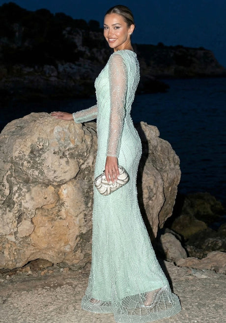 Long Sleeve Pearl Sequin Maxi Dress Green