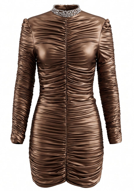 Long Sleeve Ruched Dress Brown