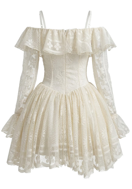 Long Sleeve Ruffle Floral A Line Dress Ivory