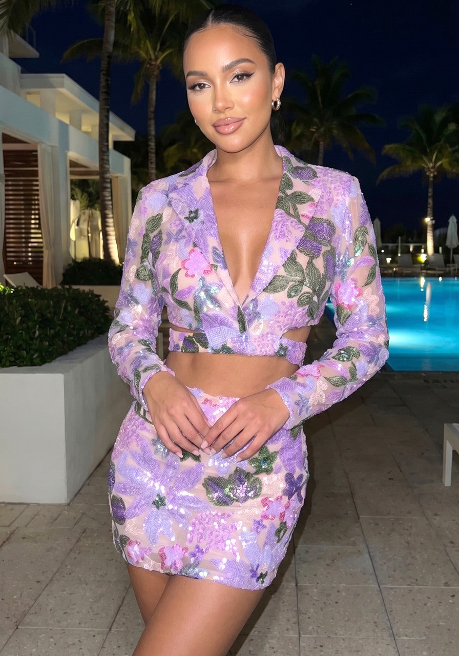 Long Sleeve Sequin Floral Two Piece Dress Purple