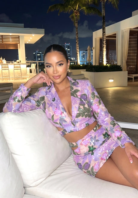Long Sleeve Sequin Floral Two Piece Dress Purple