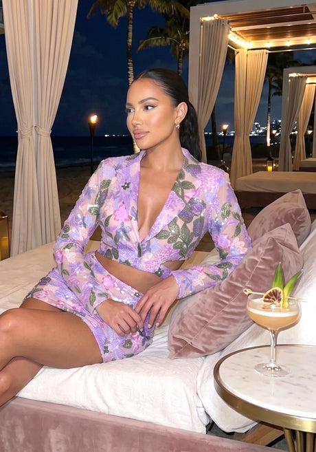 Long Sleeve Sequin Floral Two Piece Dress Purple