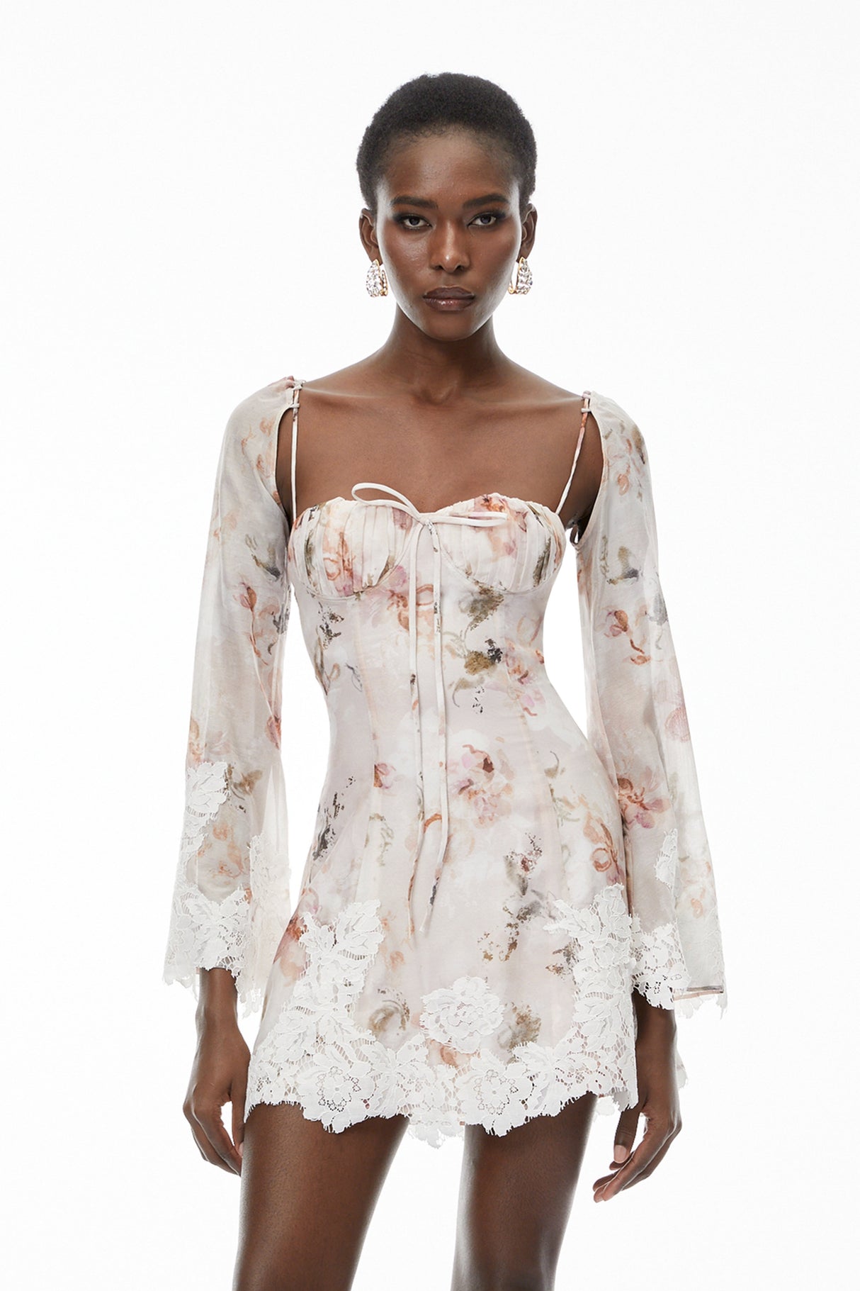 Aurohaya Lourdes Pink Floral Print Mini Dress with Lace Trim