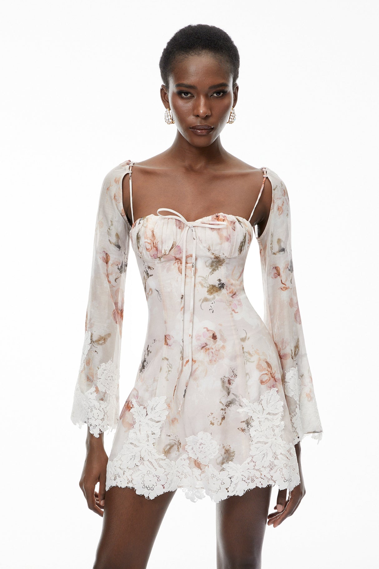 Aurohaya Lourdes Pink Floral Print Mini Dress with Lace Trim