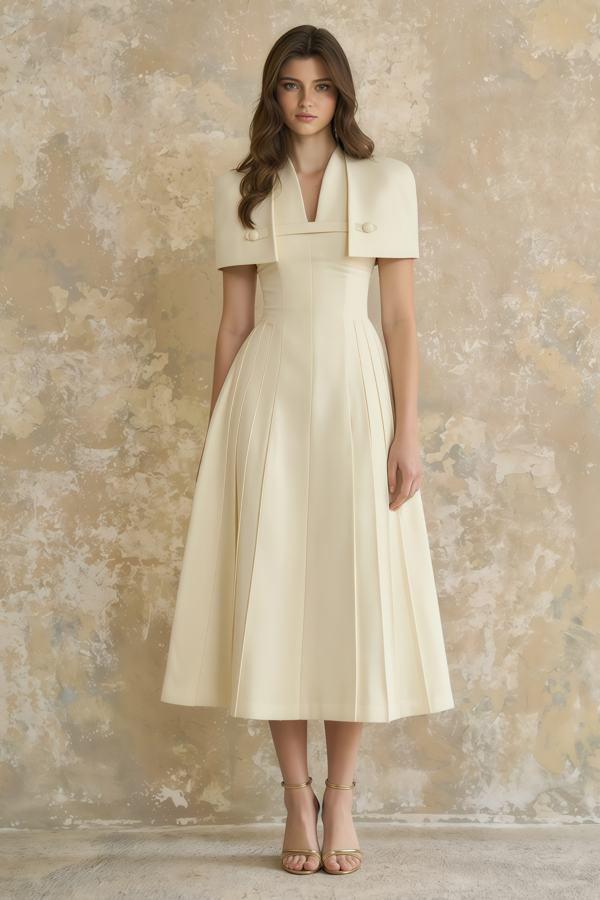 Aurohaya Lovisa Neutral Shawl Detail Shirred Midi Dress