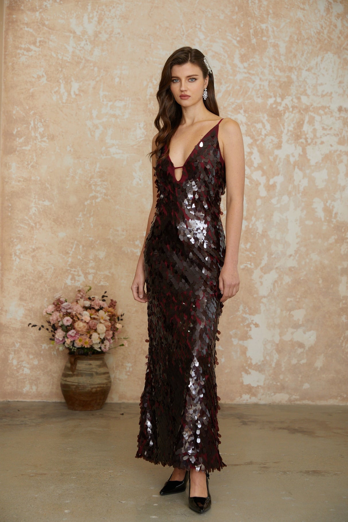 Aurohaya Lucyna Brown V-Neck Sequin Maxi Dress