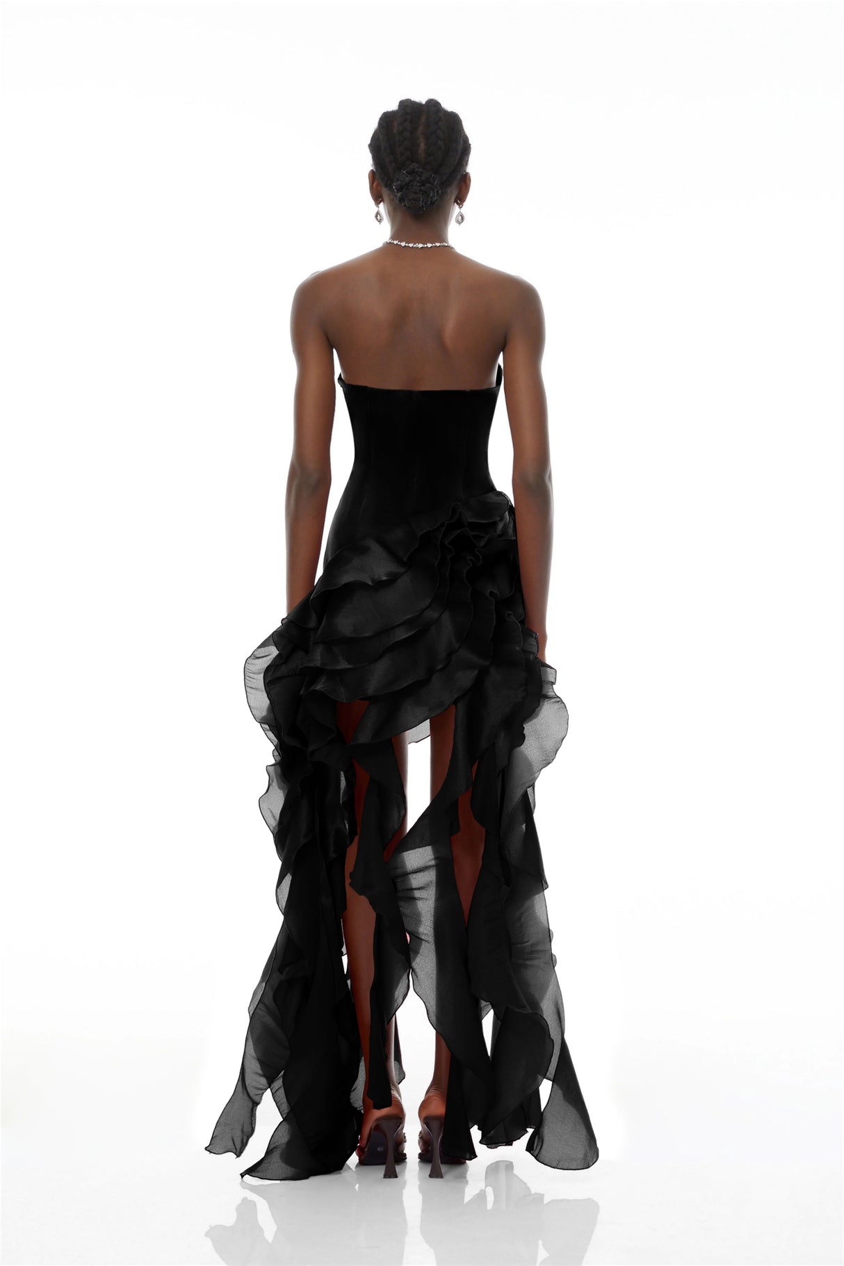 Aurohaya Lunetta Black Strapless Ruffled Maxi Dress