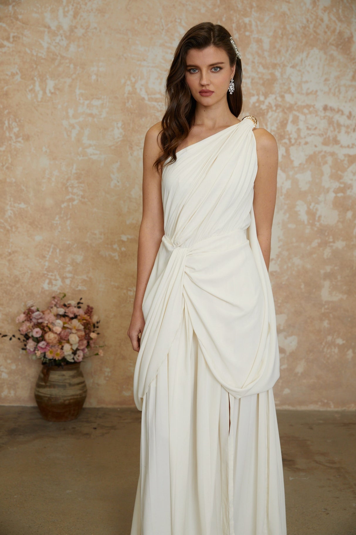 Aurohaya Lyric White Twist High Slit Ruched Maxi Dress