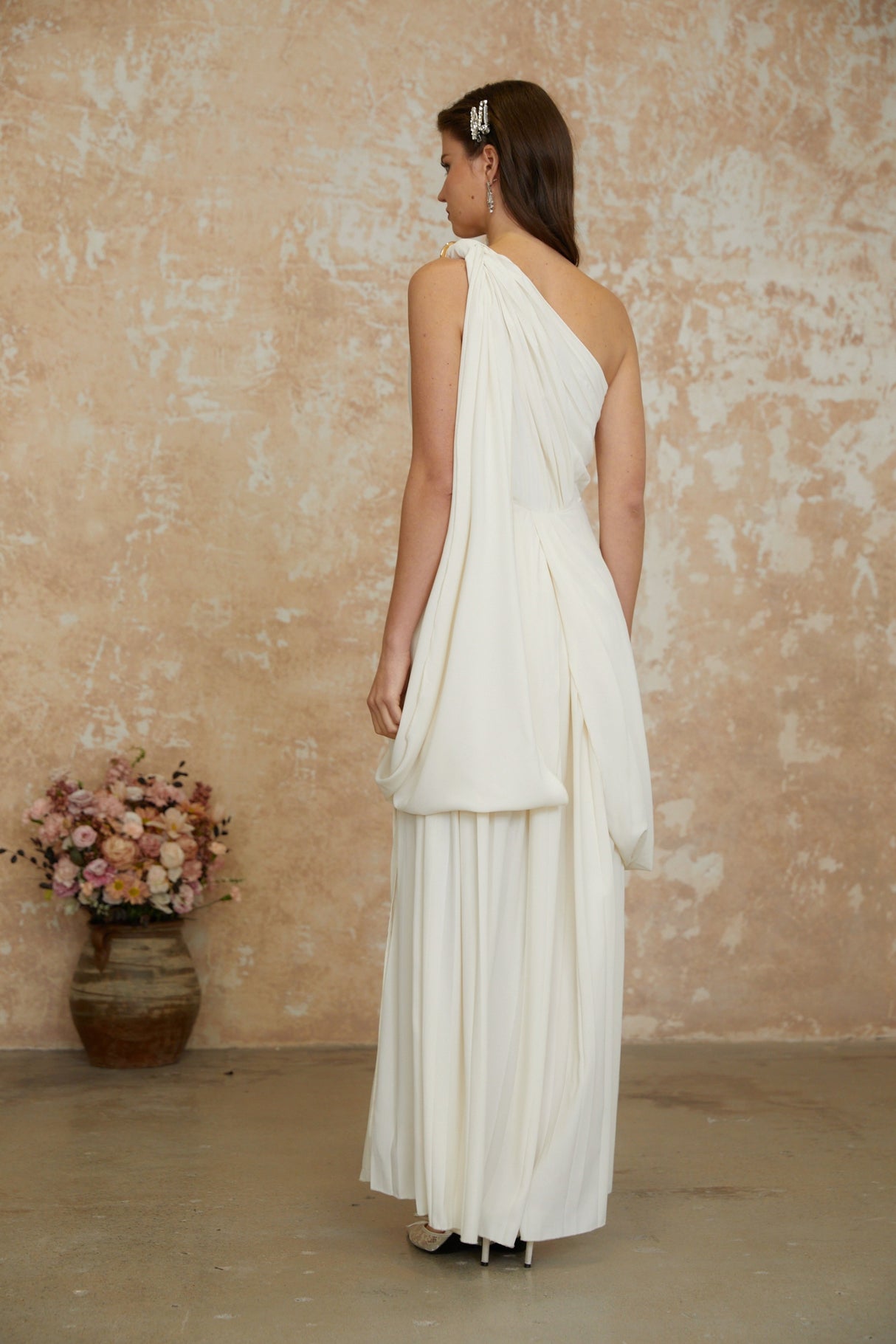 Aurohaya Lyric White Twist High Slit Ruched Maxi Dress