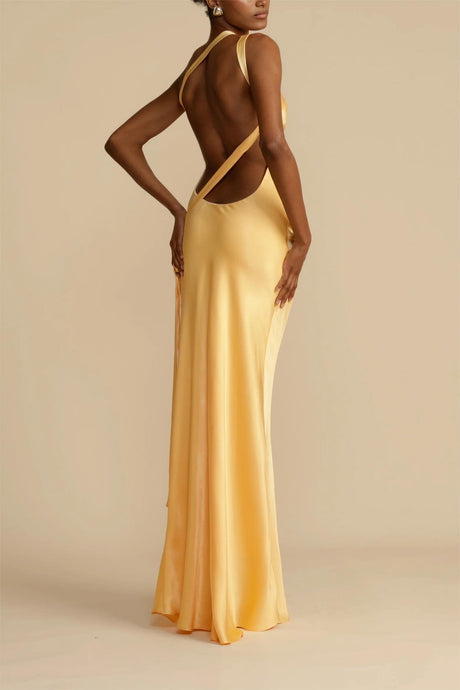 Aurohaya Moonlit Soiree Satin Asymmetrical One Shouder Backless Strap Maxi Dress