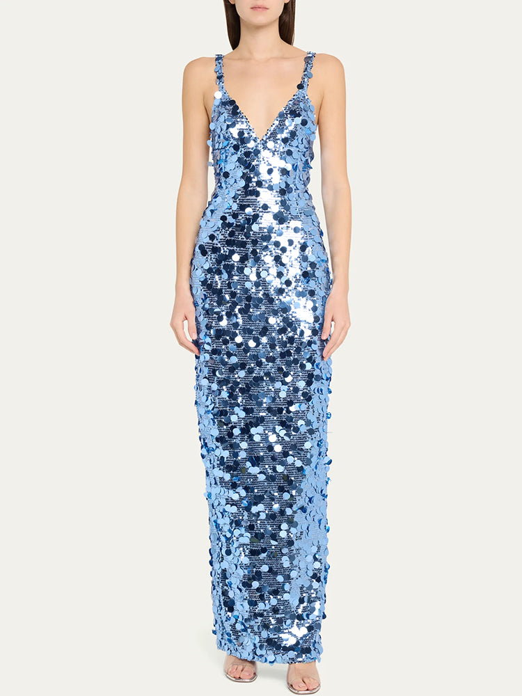 Aurohaya Éliane Sequin Evening Maxi Dress Blue
