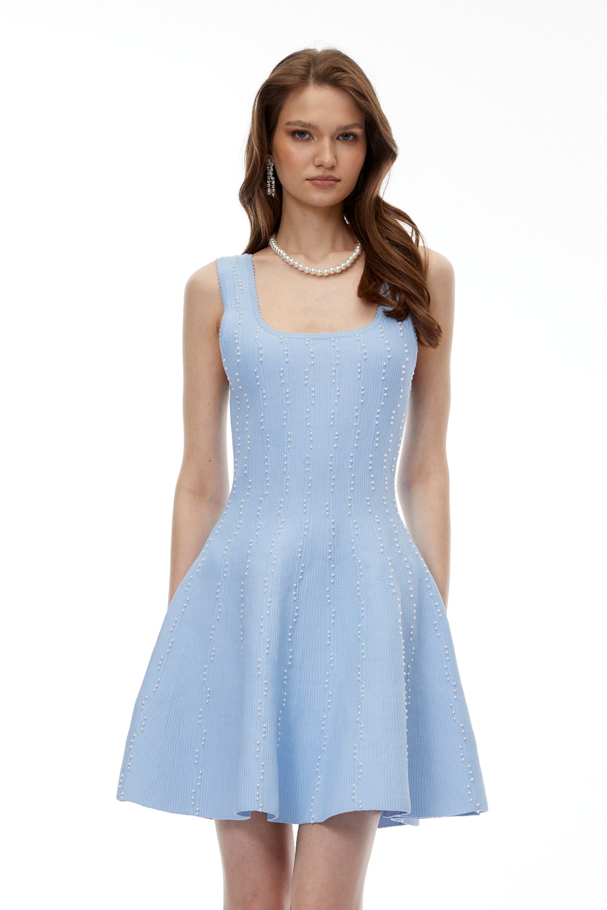 Aurohaya Mahtab Blue Beaded Knit Mini Dress