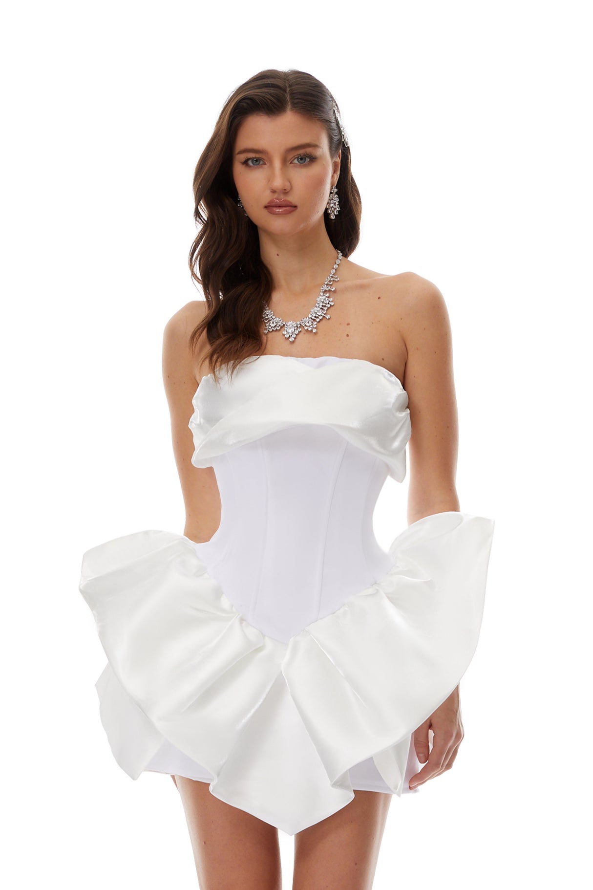 Aurohaya Maialen White Ruffled Asymmetrical Mini Dress