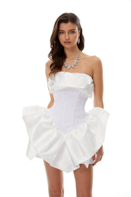 Aurohaya Maialen White Ruffled Asymmetrical Mini Dress