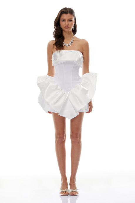 Aurohaya Maialen White Ruffled Asymmetrical Mini Dress