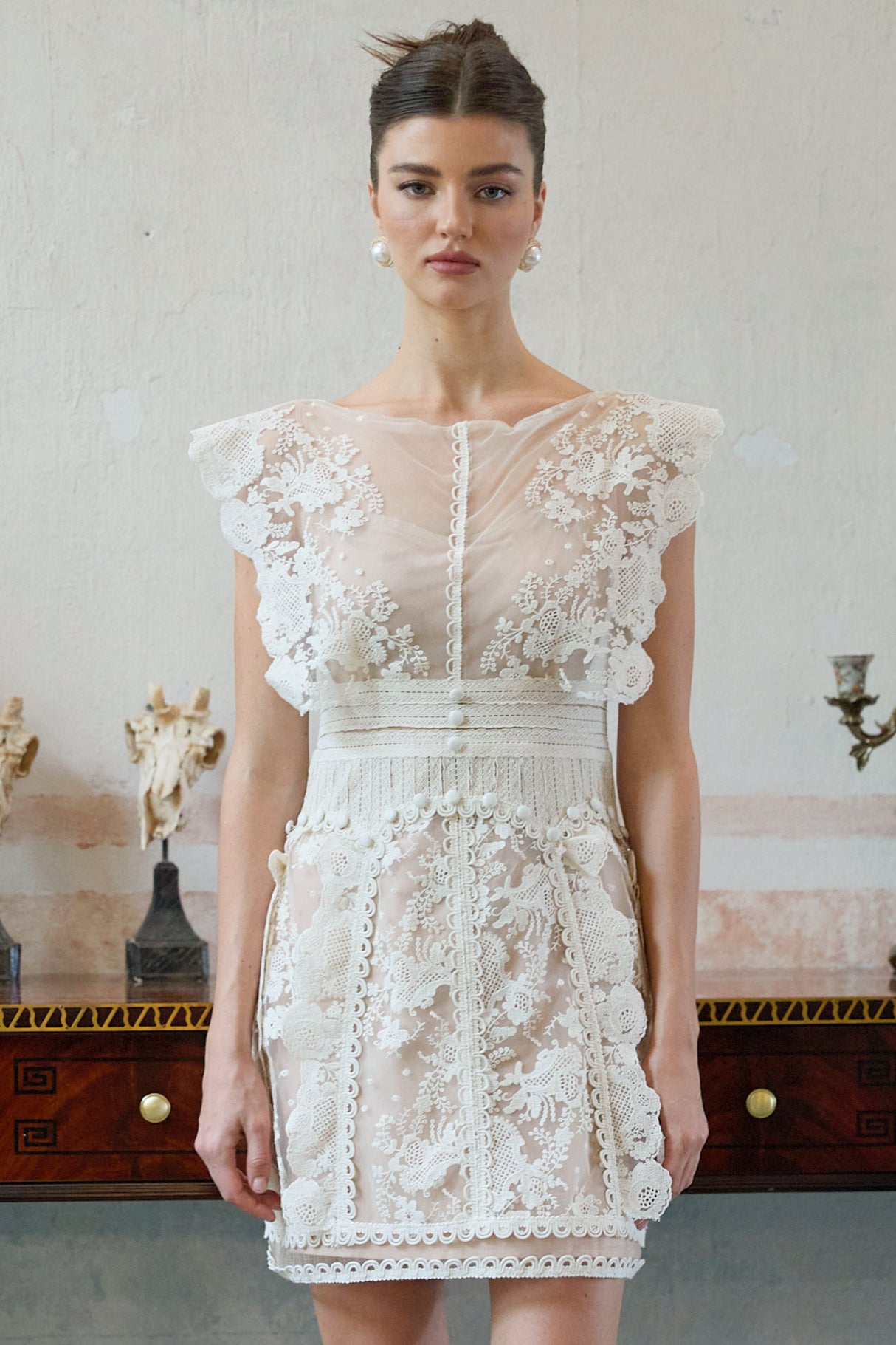 Aurohaya Maïa white floral-embroidered lace mini dress