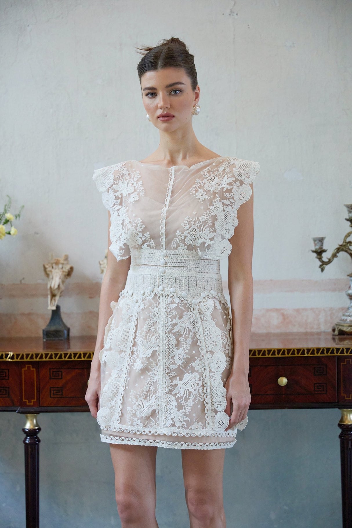 Aurohaya Maïa white floral-embroidered lace mini dress