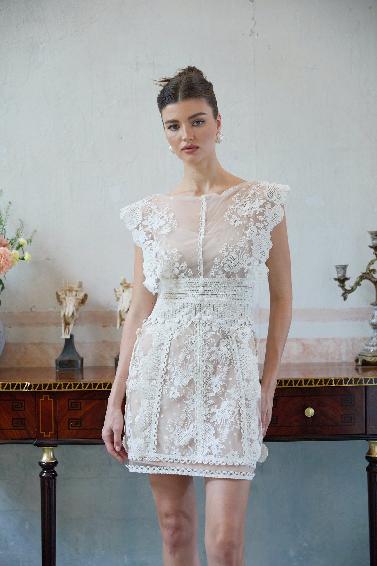 Aurohaya Maïa white floral-embroidered lace mini dress