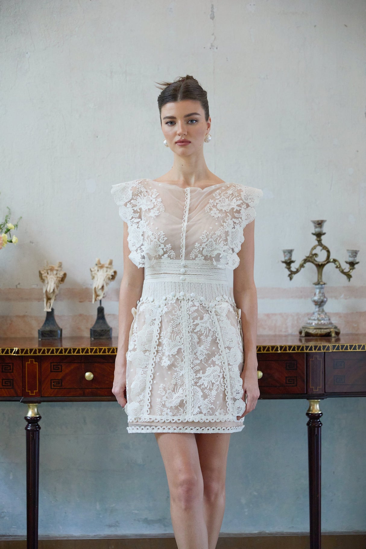 Aurohaya Maïa white floral-embroidered lace mini dress