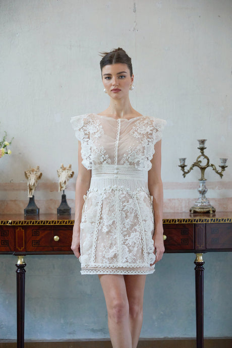 Aurohaya Maïa white floral-embroidered lace mini dress