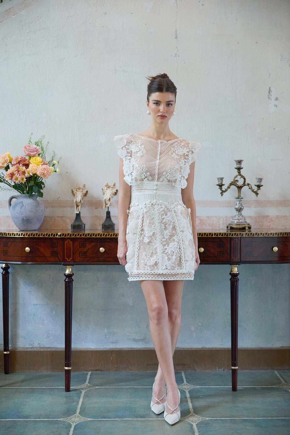 Aurohaya Maïa white floral-embroidered lace mini dress