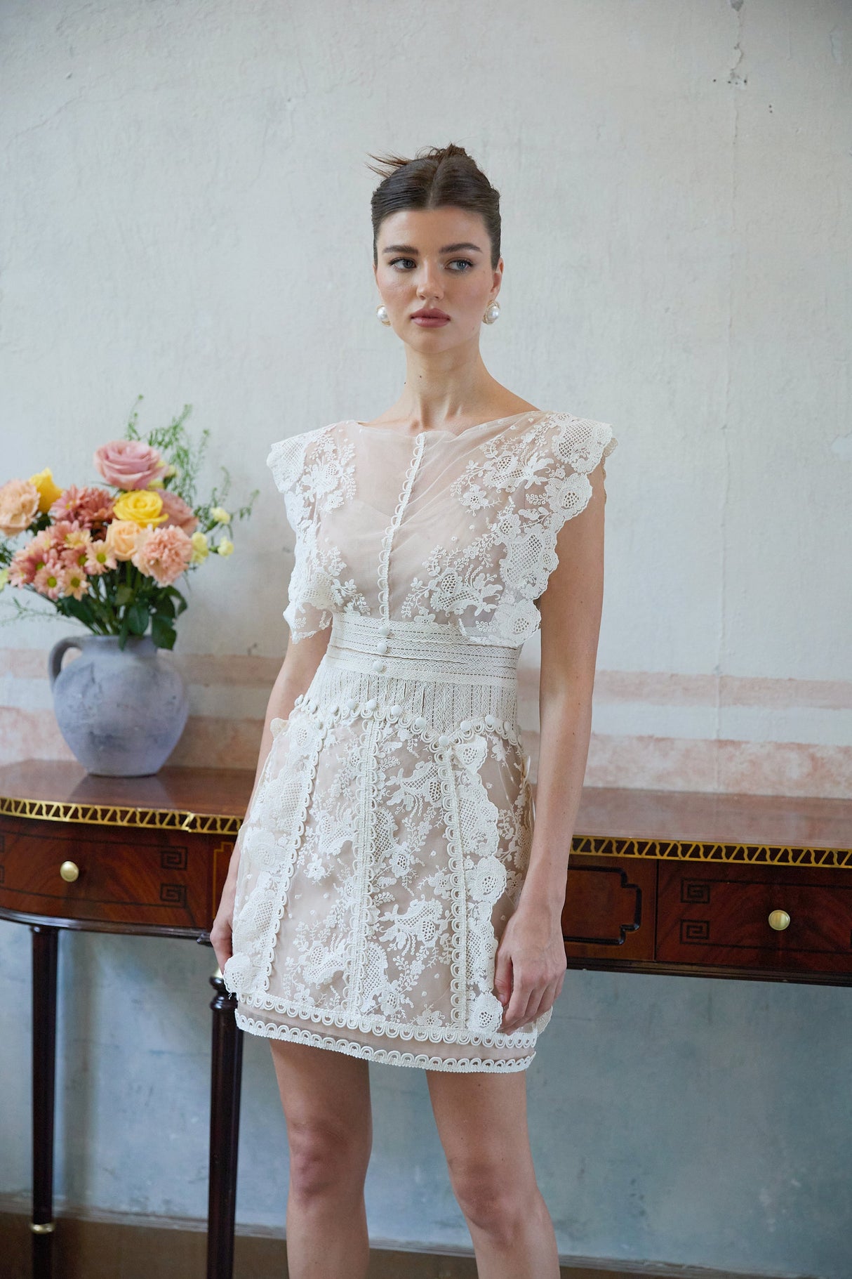 Aurohaya Maïa white floral-embroidered lace mini dress
