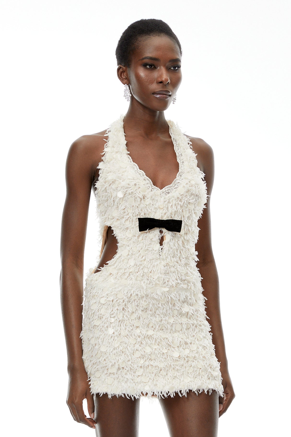 Aurohaya Maite Neutral Halterneck Mini Dress with Fringe
