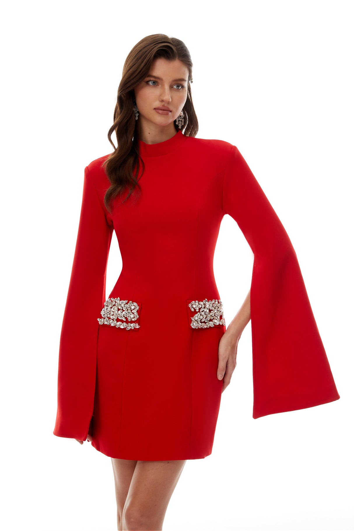 Aurohaya Manon Red Mock Neck Embellished Mini Dress