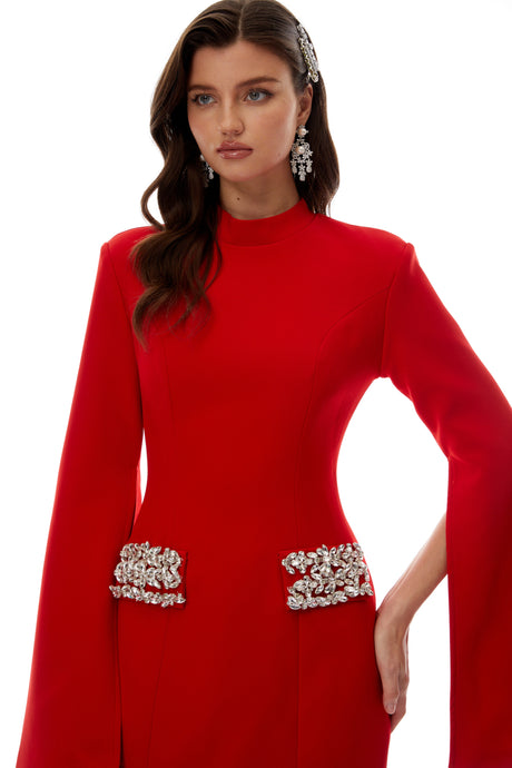 Aurohaya Manon Red Mock Neck Embellished Mini Dress