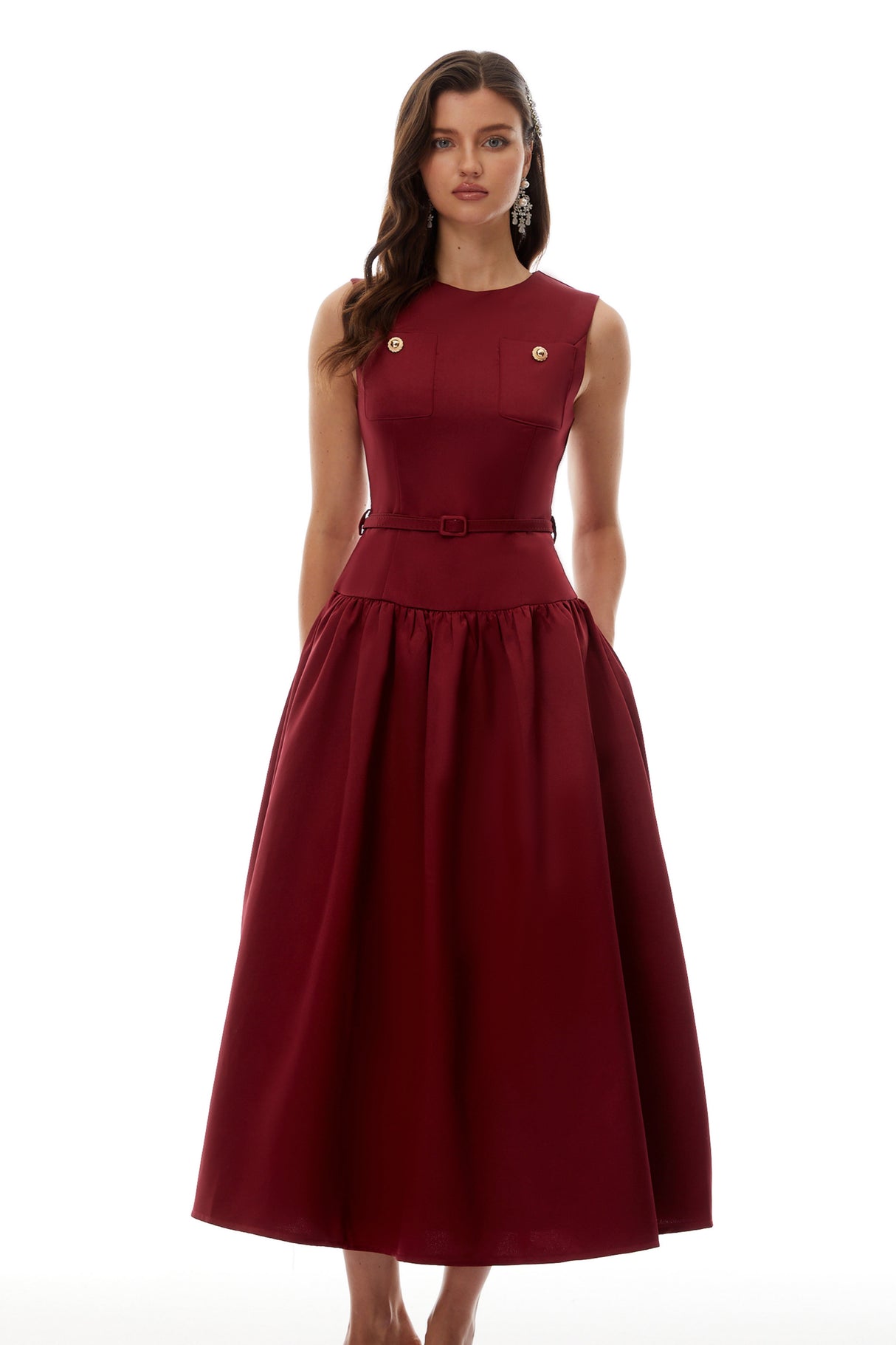 Aurohaya Triana Burgundy Belt Waist Satin Maxi Dress