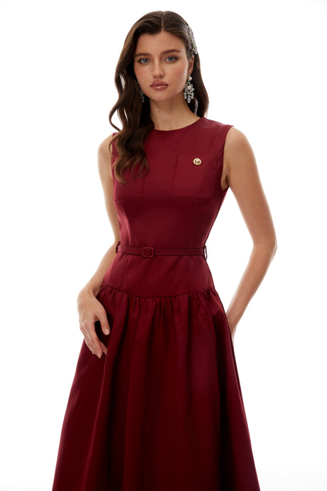 Aurohaya Triana Burgundy Belt Waist Satin Maxi Dress
