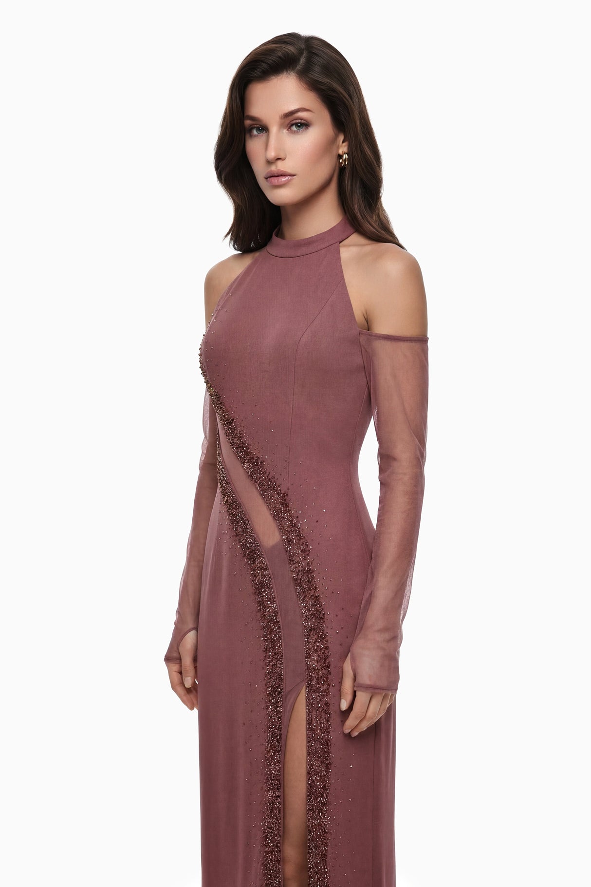 Aurohaya Marenka Dusty Rose Beaded Maxi Dress