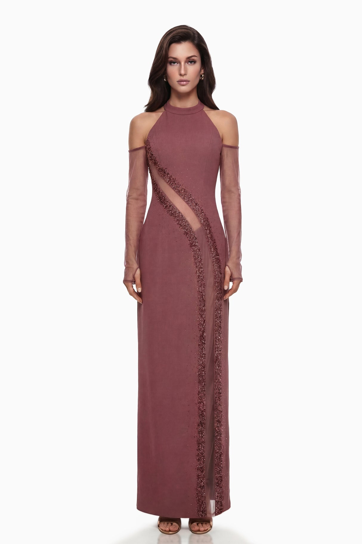 Aurohaya Marenka Dusty Rose Beaded Maxi Dress