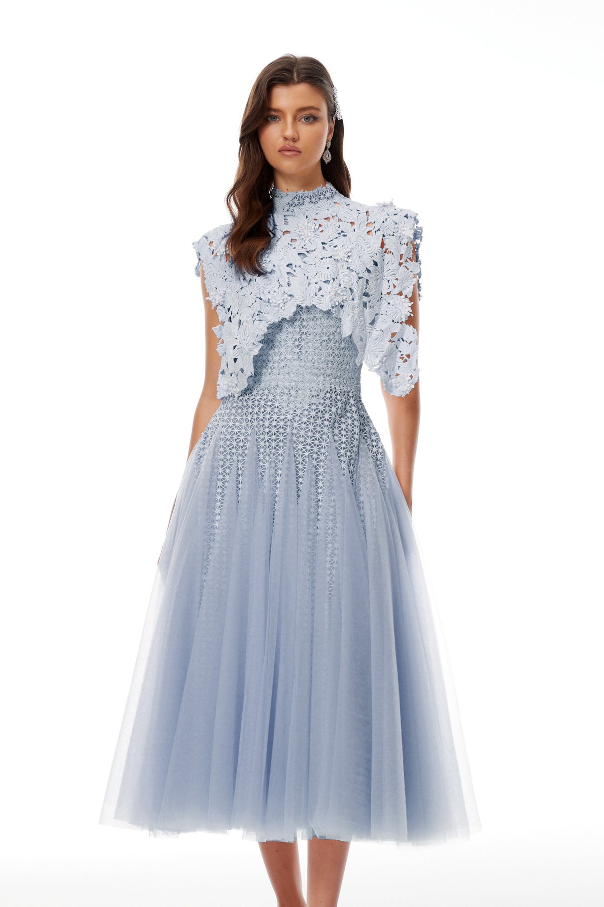 Aurohaya Margaret Blue Floral Crochet Midi Dress