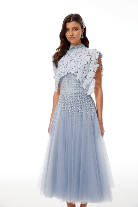 Aurohaya Margaret Blue Floral Crochet Midi Dress