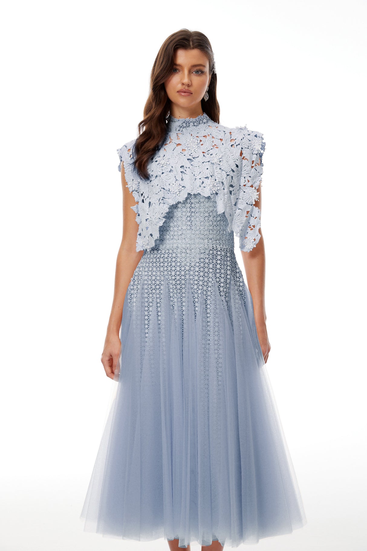 Aurohaya Margaret Blue Floral Crochet Midi Dress