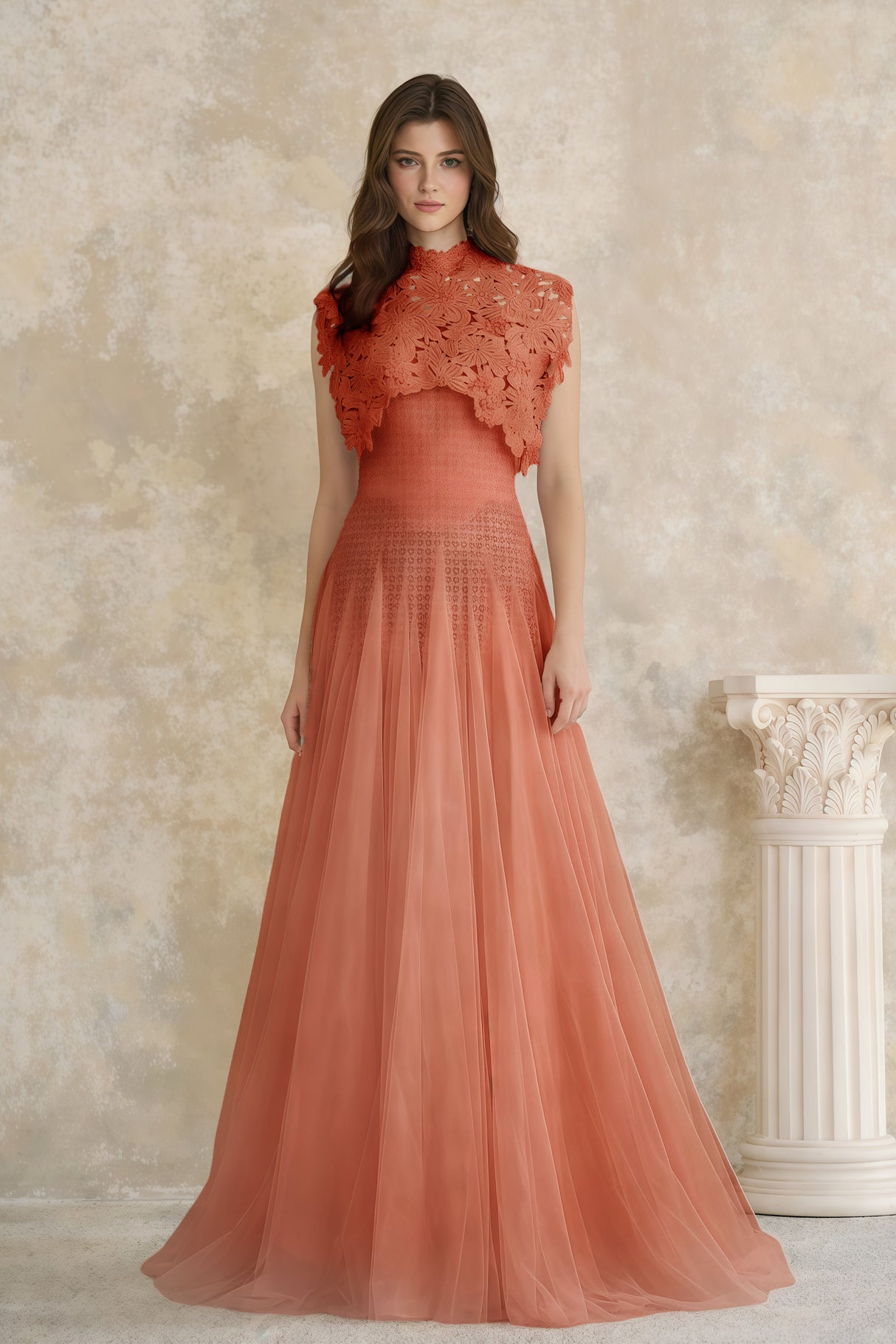 Aurohaya Margaret Orange Floral Crochet Midi Dress