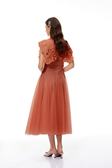 Aurohaya Margaret Orange Floral Crochet Midi Dress