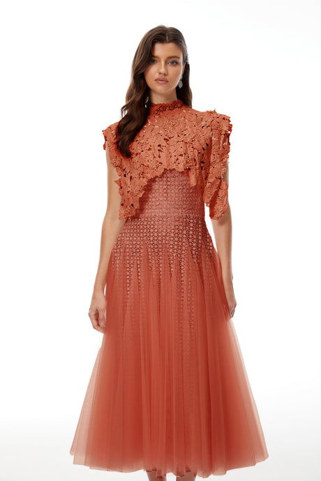 Aurohaya Margaret Orange Floral Crochet Midi Dress