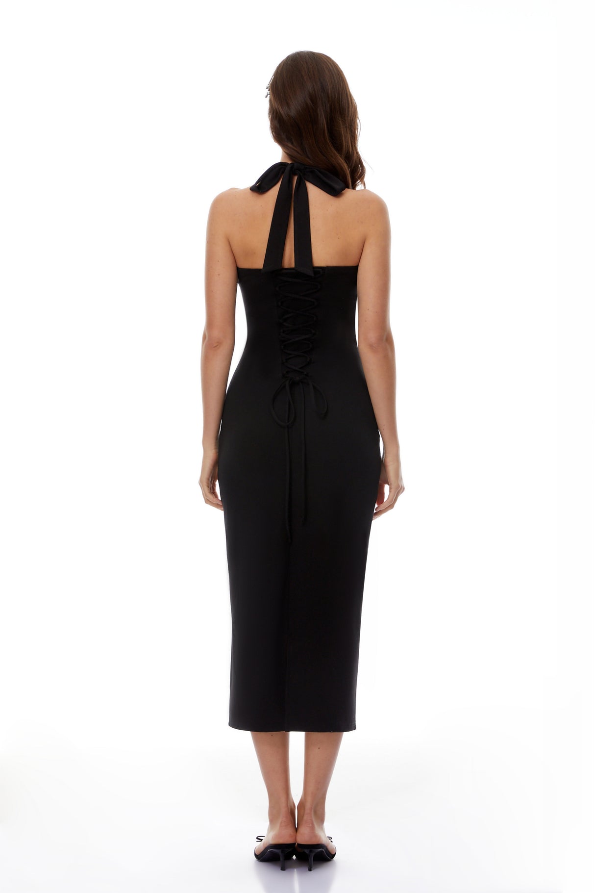 Aurohaya Margarete Black Halterneck Lace-Up Midi Dress